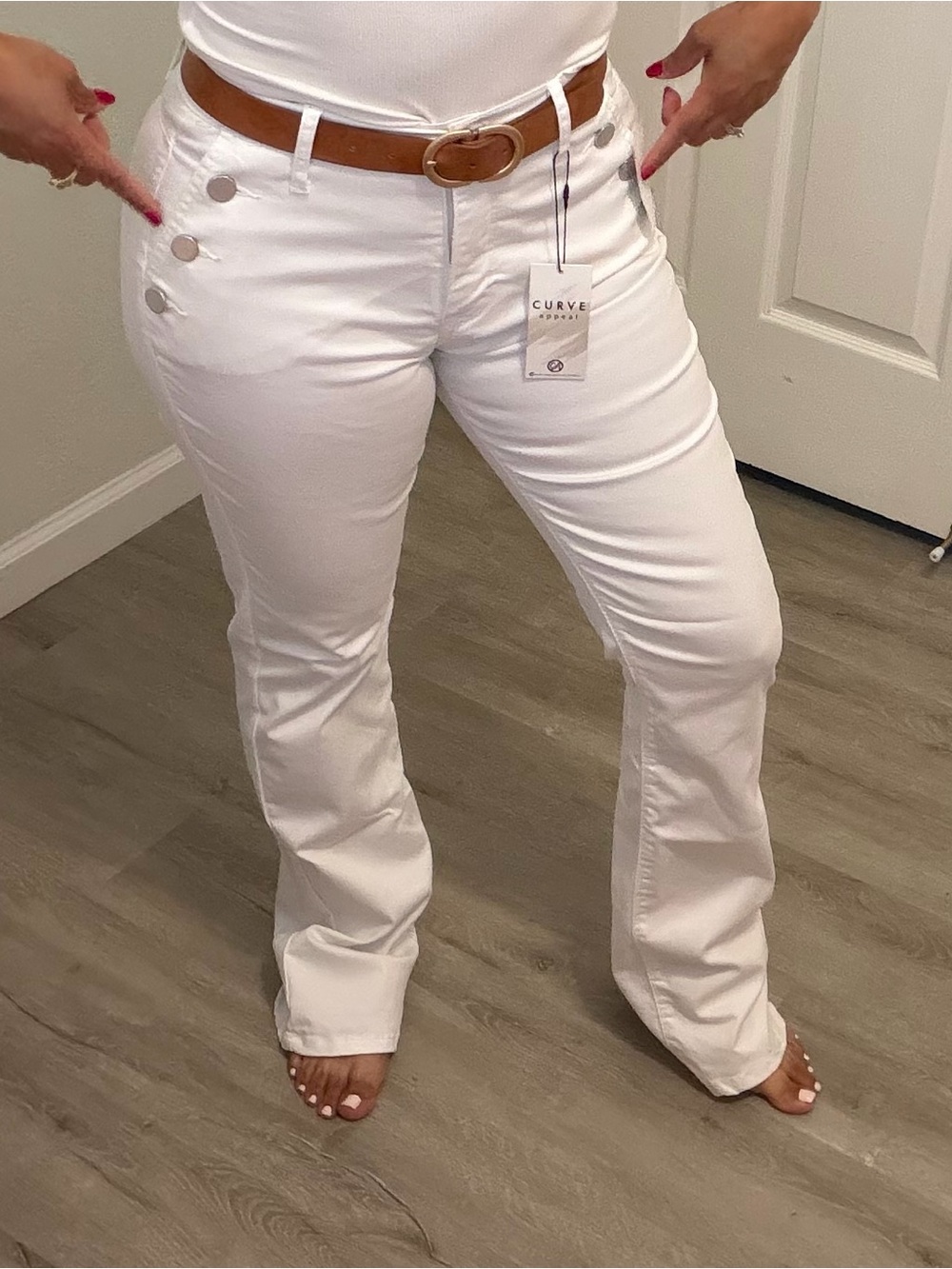 Curve Collection Women's White Flare Jeans with Decorative Buttons